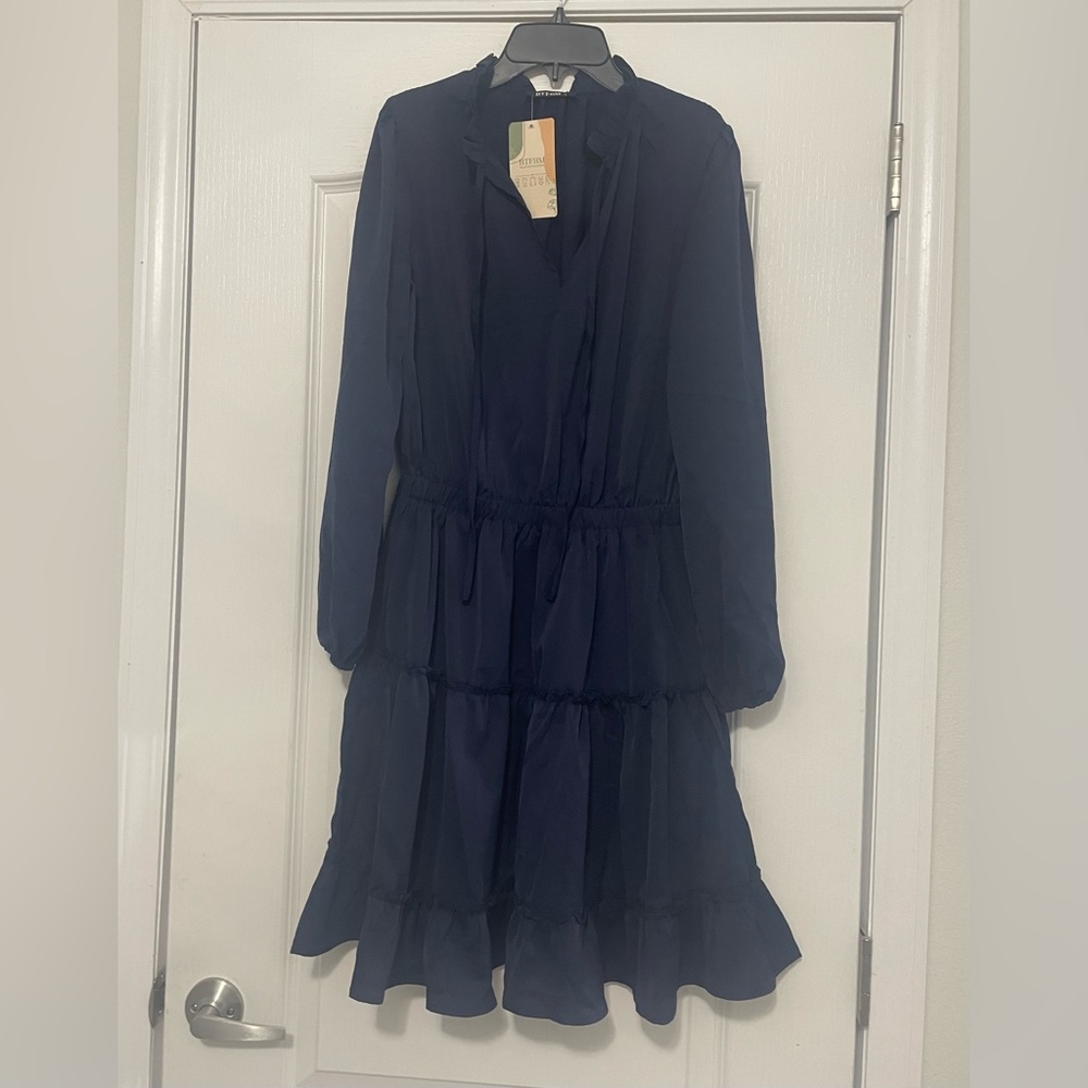Tie V Neck Long Sleeve High Waist Ruffle Tiered A Line Swing Tunic Mini Dress